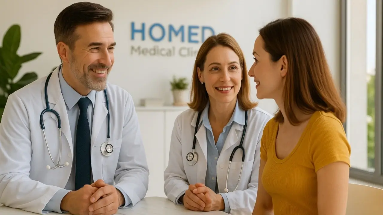 English-speaking doctors in Athens consulting a tourist patient in a bright modern clinic.